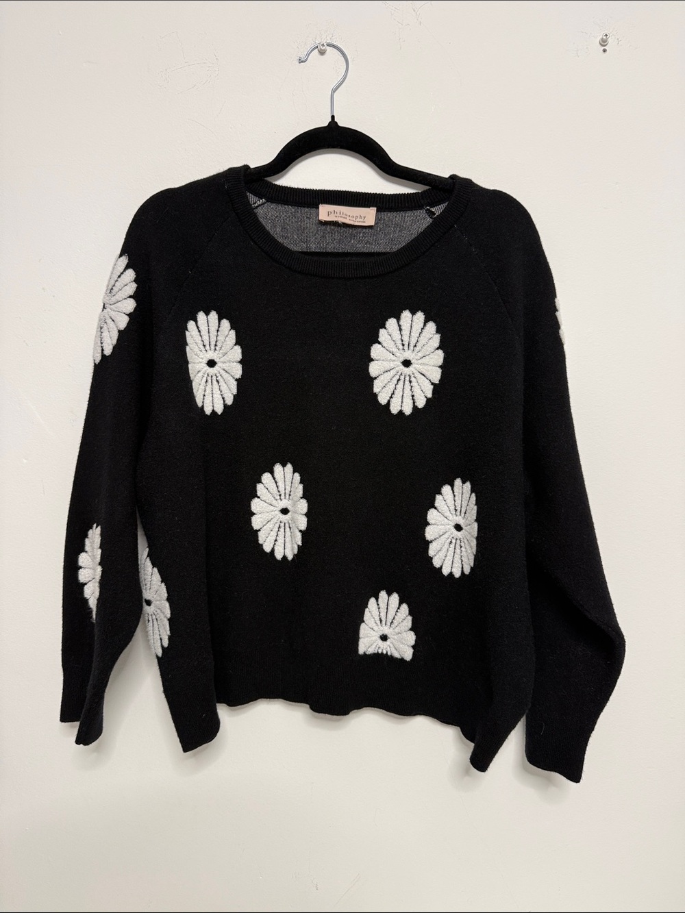 Philosophy Black Crewneck Sweater with White Daisy Motif